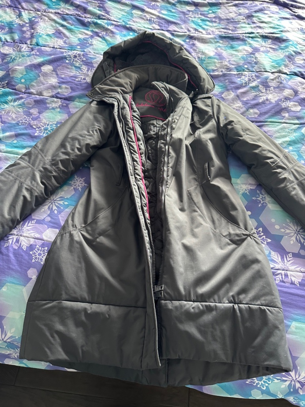 lululemon athletica Women’s gray Hooded Long Puffer Coat with Pink Trim